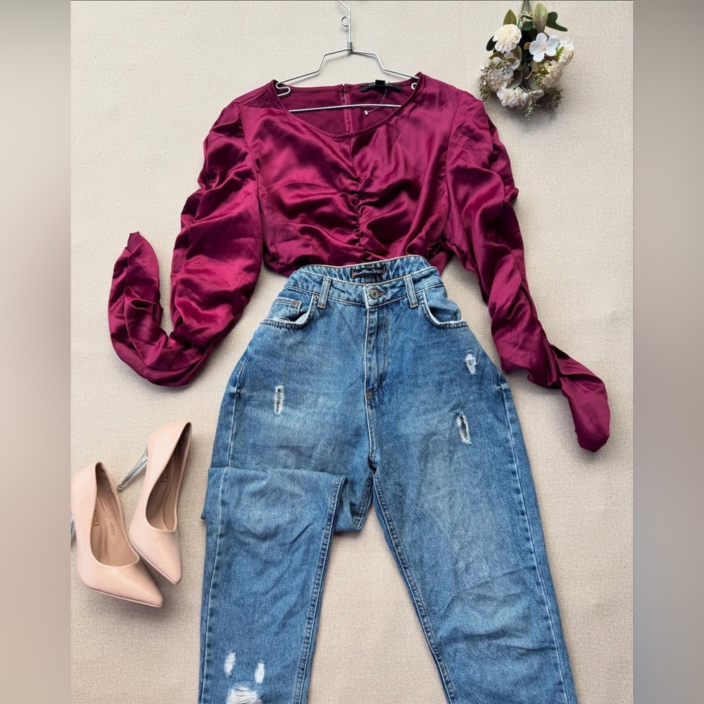 Andrew Marc New York Ruched Top Satin Blouse